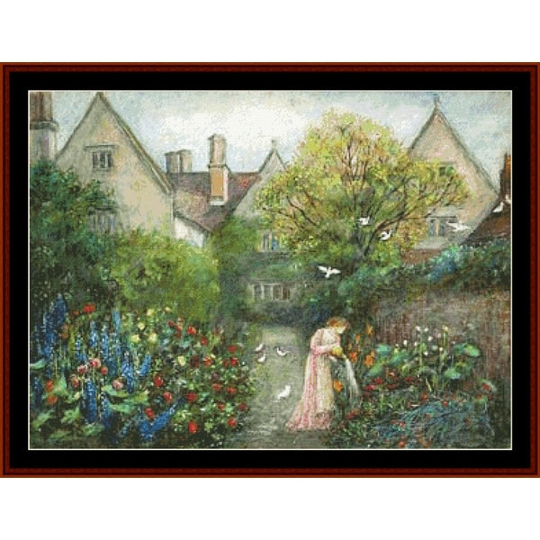 Counted Cross Stitch Pattern by Cross Stitch Collectibles of a woman in a garden with flowers and a house in the background