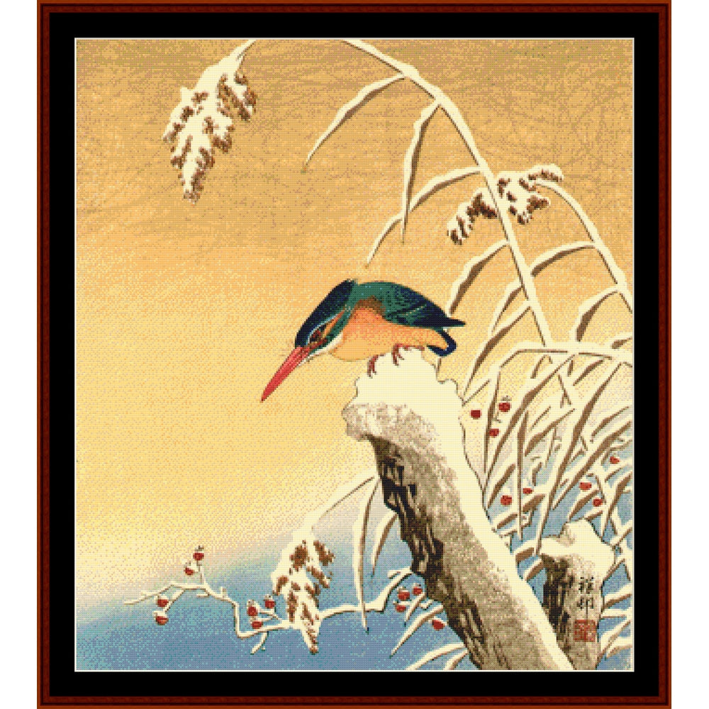 Counted Cross Stitch Pattern by Cross Stitch Collectibles - Traditional Japanese woodblock print of a kingfisher on a branch with snow and berries.