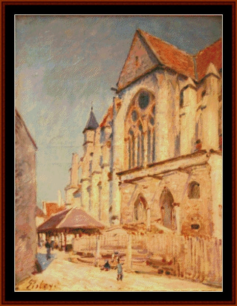 Counted Cross Stitch Pattern – L’Eglise de Moret by Alfred Sisley - Cross Stitch Collectibles - An impressionist oil painting of a historic European street scene featuring a large cathedral or church with warm ochre and terracotta tones