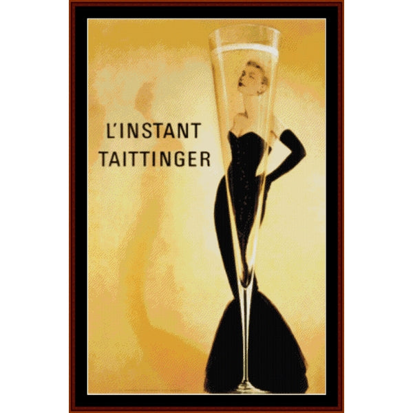 Counted Cross Stitch Pattern by Cross Stitch Collectibles - Vintage-style advertisement for Taittinger champagne with a silhouette of a woman and a glass.
