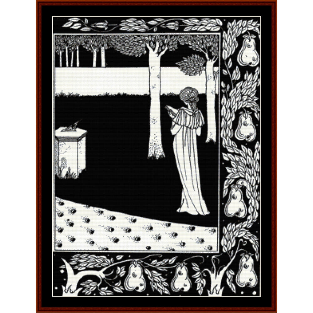 Counted Cross Stitch Pattern by Cross Stitch Collectibles of a woman in a forest with decorative elements and pears.