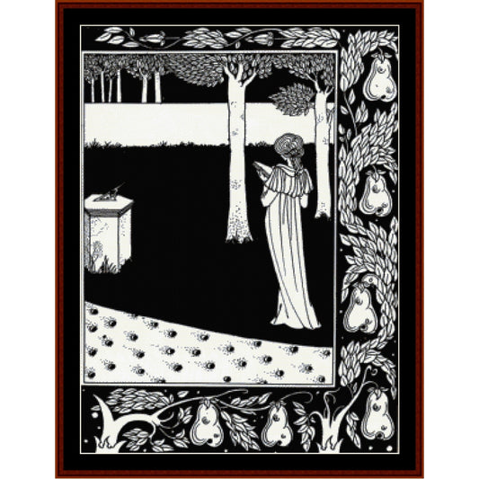 Counted Cross Stitch Pattern by Cross Stitch Collectibles of a woman in a forest with decorative elements and pears.