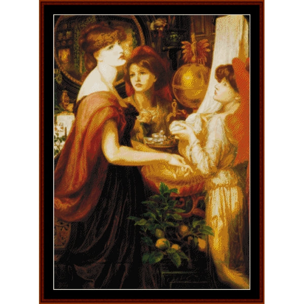 Counted Cross Stitch Pattern by Cross Stitch Collectibles of three women in a classical setting with warm tones.