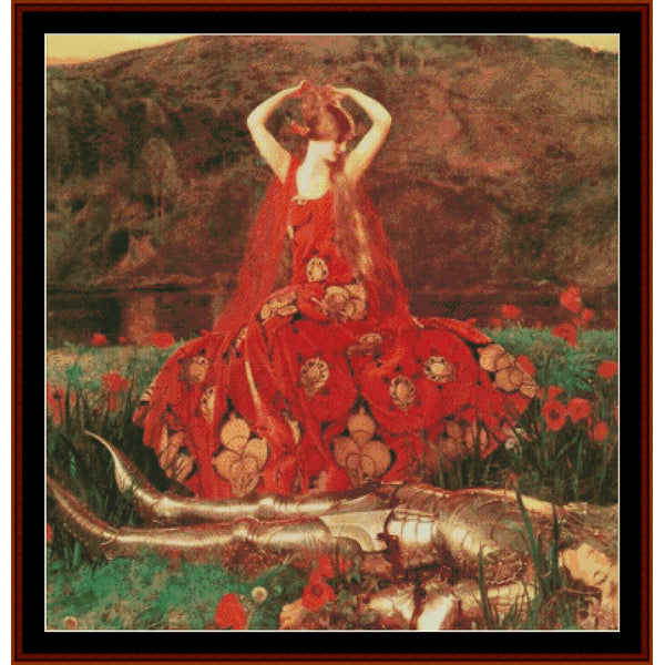 Counted Cross Stitch Pattern by Cross Stitch Collectibles - 
Woman in a red dress with floral patterns standing in a field with flowers and armor.