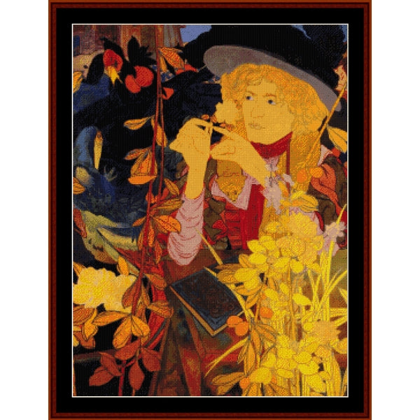 Counted Cross Stitch Pattern by Cross Stitch Collectibles of a woman with a bird, surrounded by flowers and foliage, in a stylized manner.