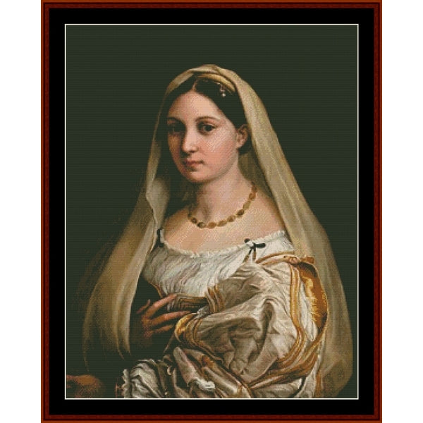 Counted Cross Stitch Pattern by Cross Stitch Collectibles of a woman with a veil and jewelry on a dark background