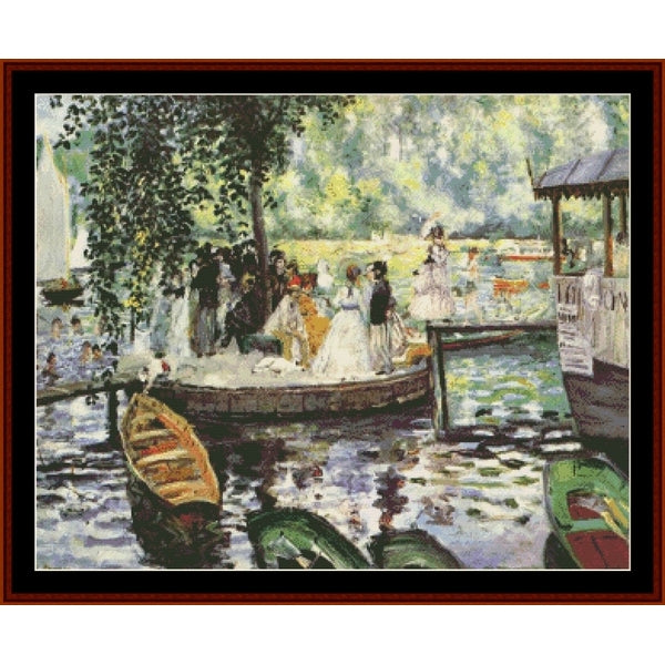 Counted Cross Stitch Pattern by Cross Stitch Collectibles of a lakeside scene with people and boats, featuring a boat labeled 'La Grenouillère'.