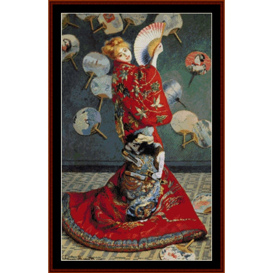 Counted Cross Stitch Pattern by Cross Stitch Collectibles of a woman in a red dress with fans in the background
