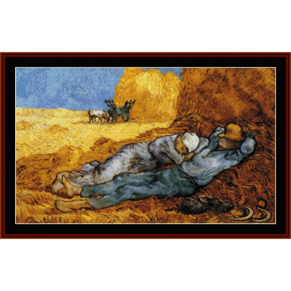 Counted Cross Stitch Pattern by Cross Stitch Collectibles of a reclining figure in a field with a horse and cart in the background