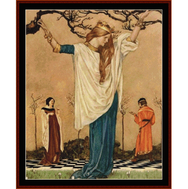 Counted Cross Stitch Pattern by Cross Stitch Collectibles of a woman in a robe holding a branch, with two other figures in the background.