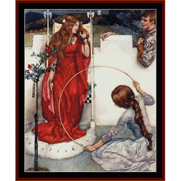Counted Cross Stitch Pattern by Cross Stitch Collectibles of a woman in a red dress interacting with a child and another person in a field.