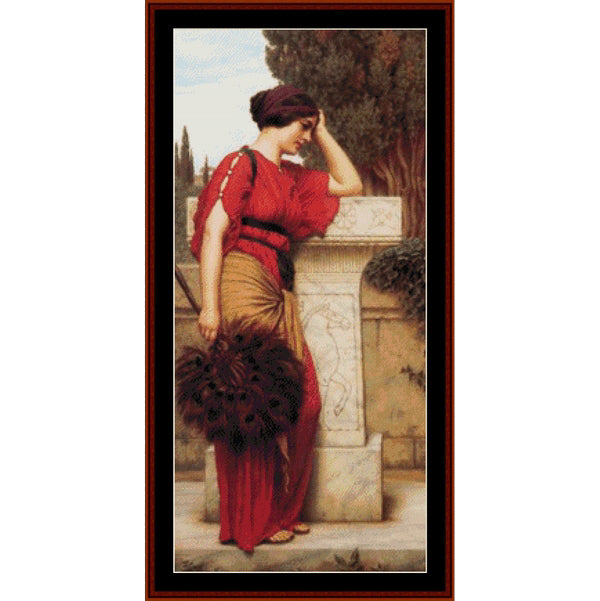 Counted Cross Stitch Pattern by Cross Stitch Collectibles of a woman in a red dress standing by a stone wall.
