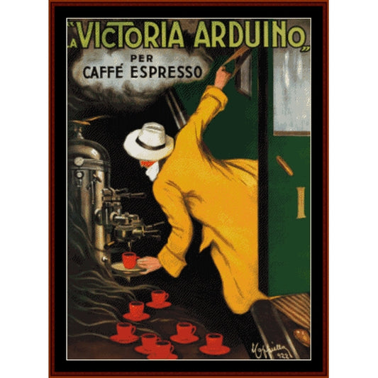 Counted Cross Stitch Pattern by Cross Stitch Collectibles - Vintage-style advertisement for Victoria Arduino coffee machine with a person in a yellow coat and white hat.