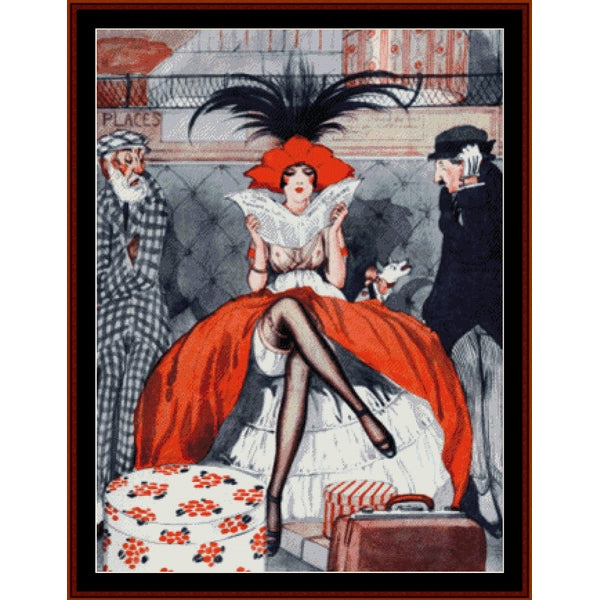 Vintage-style Counted Cross Stitch Pattern by Cross Stitch Collectibles of a woman in a red dress with a large feathered hat, surrounded by two men in a room.