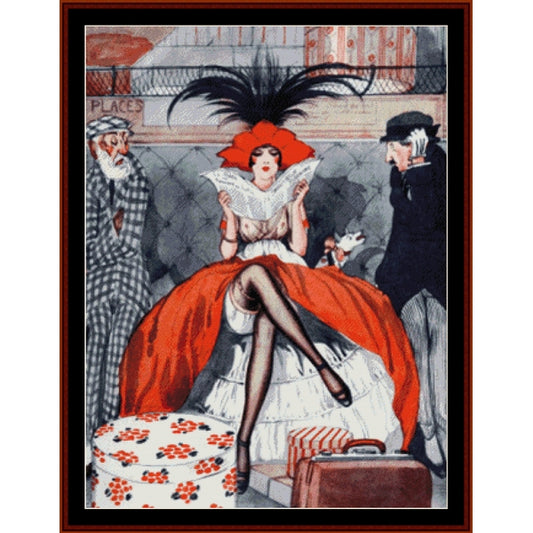 Vintage-style Counted Cross Stitch Pattern by Cross Stitch Collectibles of a woman in a red dress with a large feathered hat, surrounded by two men in a room.