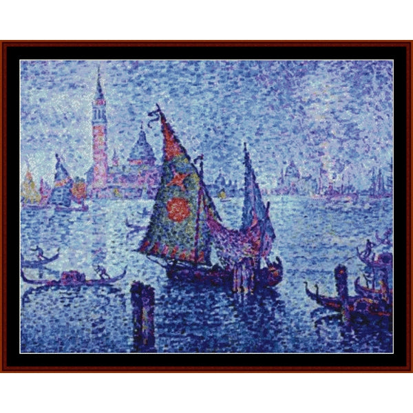 Counted Cross Stitch Pattern by Cross Stitch Collectibles of a Venetian canal with gondolas and a colorful sailboat, inspired by Pointillist style.