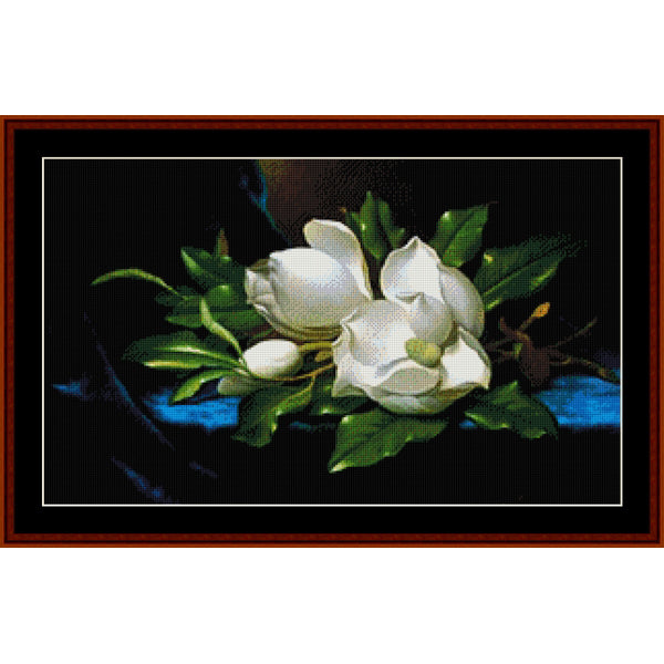 Counted Cross Stitch Pattern: Magnolia on Blue Cloth by M.J. Heade – Cross Stitch Collectibles