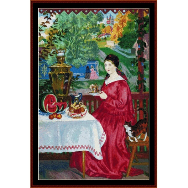 Counted Cross Stitch Pattern: Merchant's Wife on the Balcony by Boris Kustodiev - Cross Stitch Collectibles