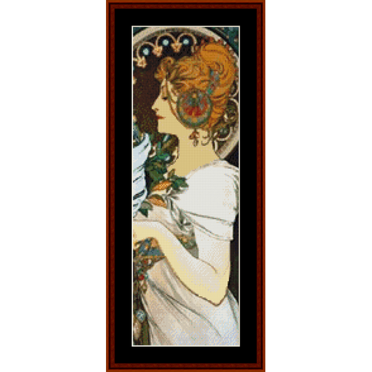 Counted Cross Stitch Pattern by Cross Stitch Collectibles depicting a stylized woman with flowing hair and ornamental details, resembling an art nouveau style illustration.