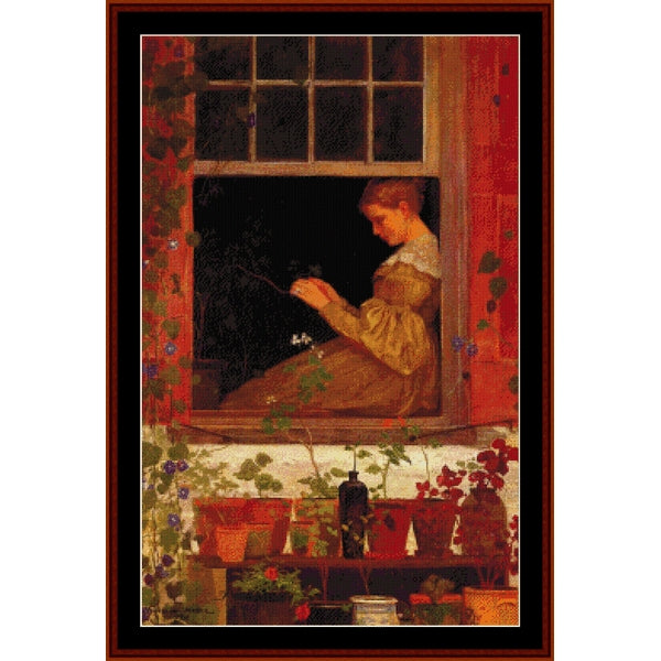 Counted Cross Stitch Pattern: Morning Glories by Winslow Homer - Cross Stitch Collectibles - A framed art print depicting a woman sitting by a window and reading, with potted plants and flowers along the sill. The print is surrounded by a dark red and black frame.