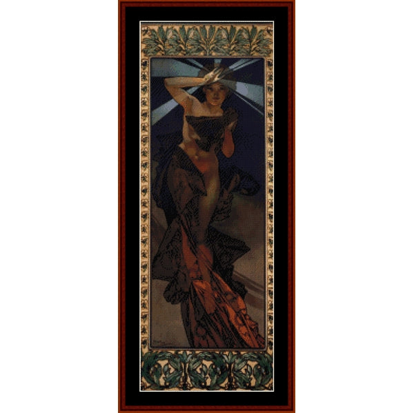 Counted Cross Stitch Pattern: Morning Star by Alphonse Mucha - Cross Stitch Collectibles - A framed art print featuring an Art Nouveau style illustration of a woman in a dark dress with a flowing red-orange skirt, surrounded by ornate decorative borders in green, gold, and beige, enclosed in a reddish-brown frame.