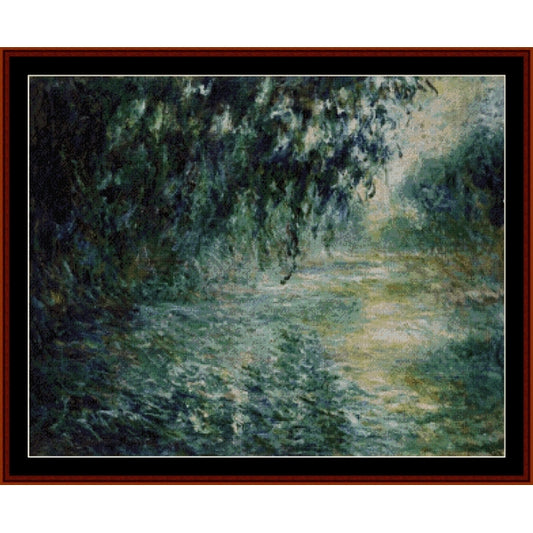 Counted Cross Stitch Pattern: Morning on the Seine VIIII - Claude Monet - Cross Stitch Collectibles - Impressionist-style landscape painting of a tree-lined path or river, shown within a dark brown wooden frame and white border. The artwork features blended greens, blues, and light gray tones with soft brushwork.