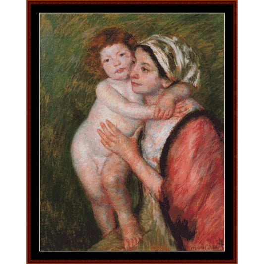 Counted Cross Stitch Pattern: Mother and Child, 1914 by Mary Cassatt - Cross Stitch Collectibles - A framed impressionist painting depicting a woman in a red dress and white headscarf holding a child against a dark green background, enclosed in a dark brown frame with a black mat.