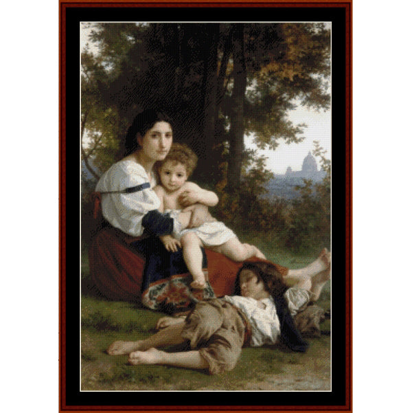 Counted Cross Stitch Pattern: Mother and Children, 1879 by William Bouguereau- Cross Stitch Collectibles - A framed classical painting depicting a woman seated outdoors with two children, one standing and one reclining, set against a wooded landscape. The artwork is presented within a dark reddish-brown frame and a white mat border.