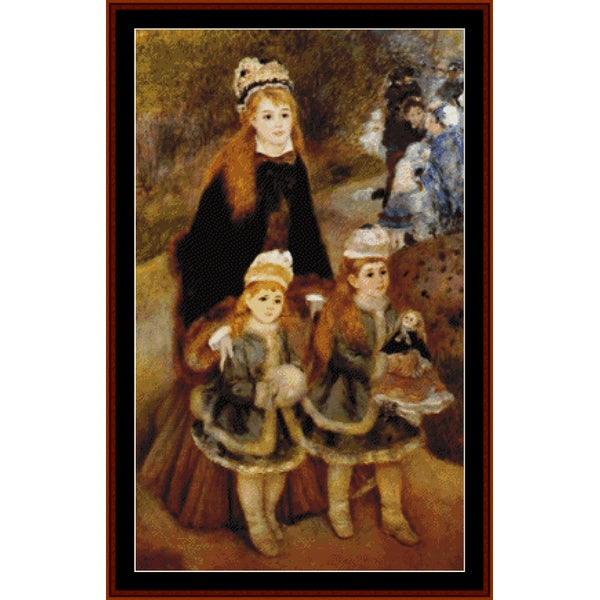 Counted Cross Stitch Pattern: Mother and Children by Pierre Auguste Renoir- Cross Stitch Collectibles - A framed classical painting depicting a woman and two children in ornate historical clothing, shown against a plain white background.