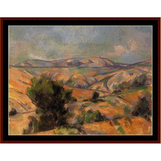 Counted Cross Stitch Pattern: Mount Ste. Victoire, 1886 by Paul Cezanne - Cross Stitch Collectibles - A framed landscape painting featuring rolling hills and distant mountains rendered in an impressionistic style, with a dark brown frame and white matting.