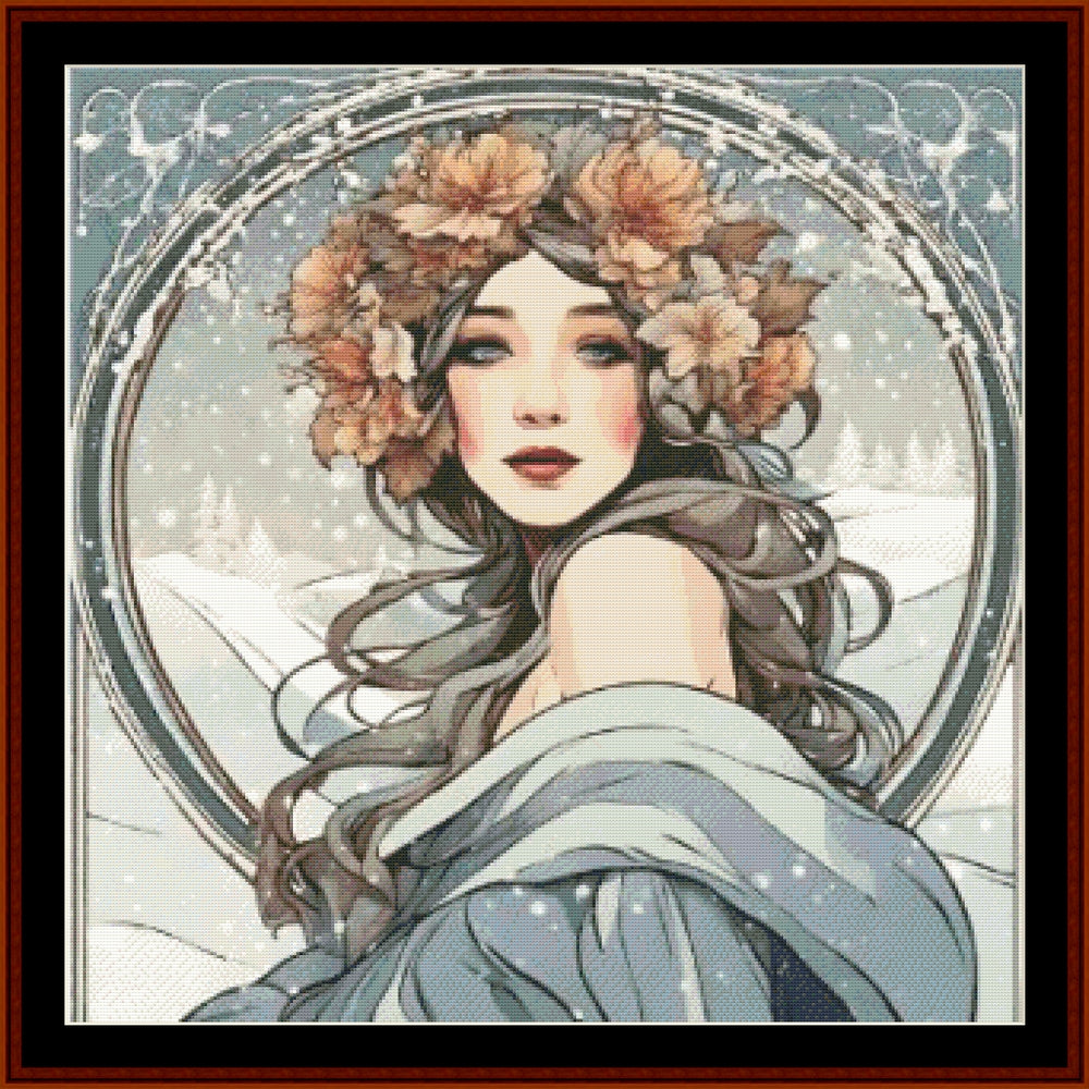 Counted Cross Stitch Pattern by Cross Stitch Collectibles of a woman with flowing gray hair and a floral headdress, resembling a classical statue, set against a wintry landscape background.