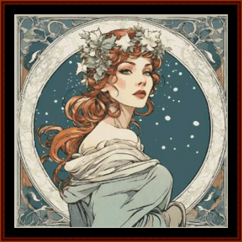 Counted Cross Stitch Pattern by Cross Stitch Collectibles depicting a stylized woman with flowing red hair and a starry background, reminiscent of Art Nouveau art.