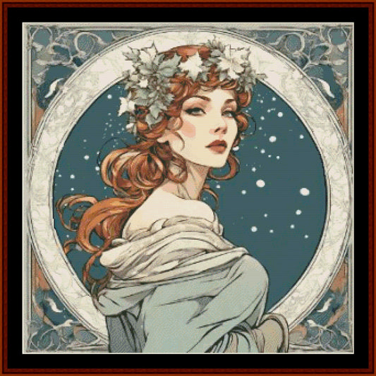 Counted Cross Stitch Pattern by Cross Stitch Collectibles depicting a stylized woman with flowing red hair and a starry background, reminiscent of Art Nouveau art.