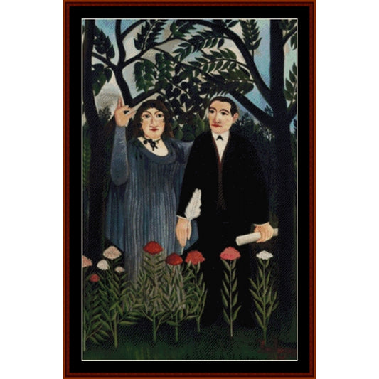 Counted Cross Stitch Pattern: Muse Inspiring the Poet by Henri Rousseau - Cross Stitch Collectibles - A framed art print depicting a stylized painting of a man and woman standing in a forest with flowers. The woman wears a blue dress and raises her hand, while the man in a black suit holds a rolled paper.