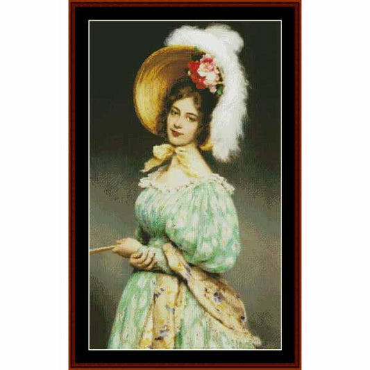 Counted Cross Stitch Pattern: Musette by Eugene de Blass - Cross Stitch Collectibles - Framed portrait artwork of a woman in a light green dress and large white feathered hat