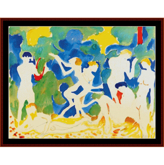 Counted Cross Stitch Pattern: Music, 1904 by Andre Derain - Cross Stitch Collectibles - Framed abstract painting depicting stylized human figures in blue, green, yellow, white, and red brushstrokes, enclosed in a dark brown frame.