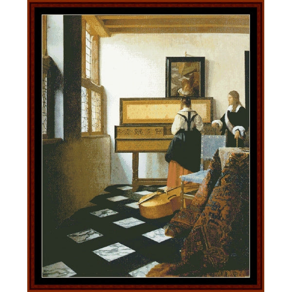 Counted Cross Stitch Pattern: Music Lesson by Johannes Vermeer - Cross Stitch Collectibles - Framed art print depicting a Dutch interior scene with a woman standing by an instrument, a man seated at a table, and a cello on a checkered floor