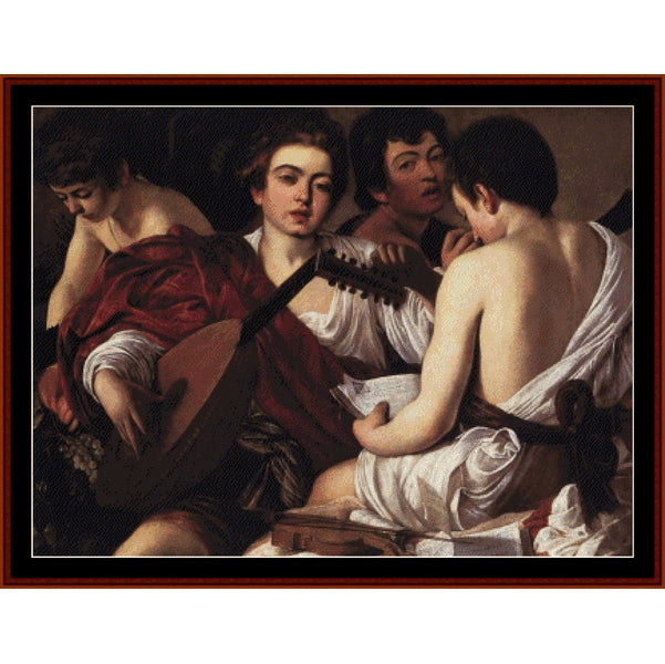 Counted Cross Stitch Pattern: Musicians by Caravaggio - Cross Stitch Collectibles - A framed classical painting depicting three young men gathered around a lute, with one seated figure draped in deep red fabric and another in white drapery. 