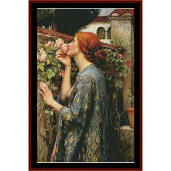 Counted Cross Stitch Pattern: My Sweet Rose II by J.W. Waterhouse - Cross Stitch Collectibles - A framed art print depicting a woman with red hair smelling pink roses outdoors, wearing a blue patterned robe
