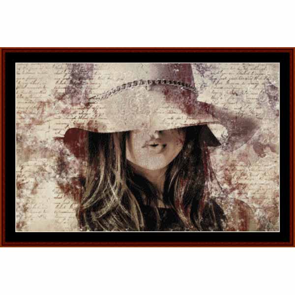 Counted Cross Stitch Pattern: Mystery Woman, Fantasy - Cross Stitch Collectibles - Framed western-themed wall art featuring a woman in a wide-brimmed hat with a sepia-toned vintage script background