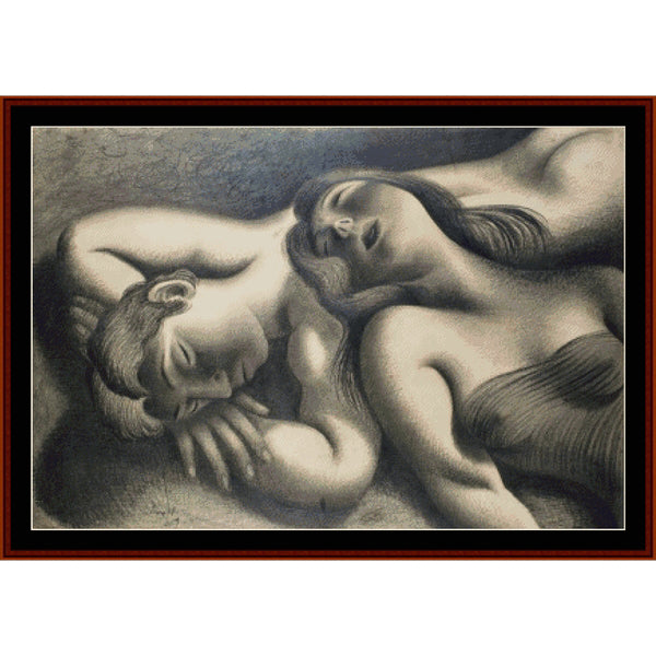 Counted Cross Stitch Pattern: Nap, 1939 by Almada Negreiros - Cross Stitch Collectibles - A framed art print featuring a classical-style monochrome sketch of two reclining figuresbackground.