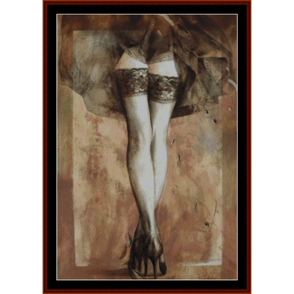 Counted Cross Stitch Pattern: Napoli, Fantasy - Cross Stitch Collectibles - A framed art print featuring a stylized illustration of a woman's legs wearing lace thigh-high stockings and black high heels, set against a textured sepia background with a dark brown frame.