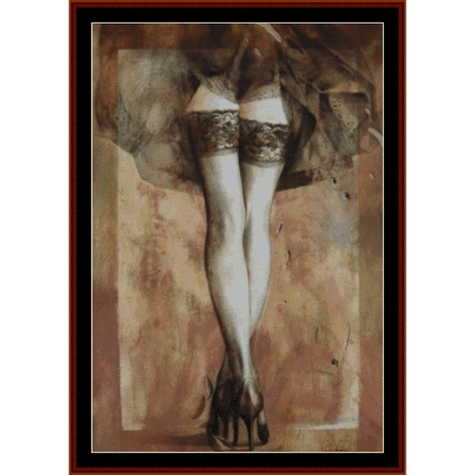 Counted Cross Stitch Pattern: Napoli, Fantasy - Cross Stitch Collectibles - A framed art print featuring a stylized illustration of a woman's legs wearing lace thigh-high stockings and black high heels, set against a textured sepia background with a dark brown frame.