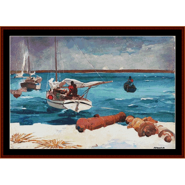 Counted Cross Stitch Pattern: Nassau by Winslow Homer - Cross Stitch Collectibles - A framed painting depicting a coastal seascape with sailboats on blue water, a sandy shore, and several seashells in the foreground