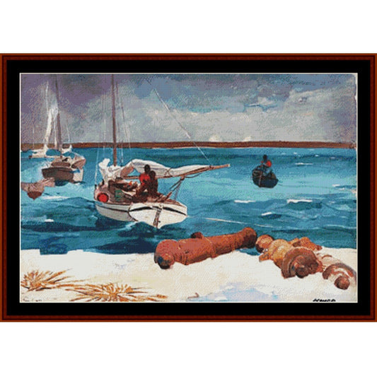 Counted Cross Stitch Pattern: Nassau by Winslow Homer - Cross Stitch Collectibles - A framed painting depicting a coastal seascape with sailboats on blue water, a sandy shore, and several seashells in the foreground