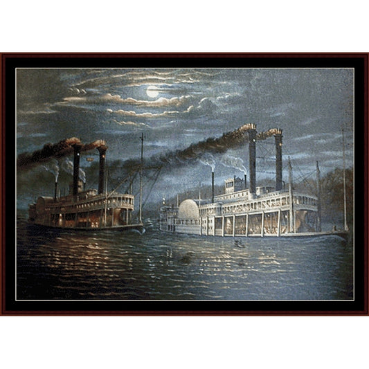 Counted Cross Stitch Pattern: Natchez & Robt. E. Lee - Cross Stitch Collectibles - A framed vintage-style painting depicting two paddle steamers on the water under a cloudy night sky with a bright moon.