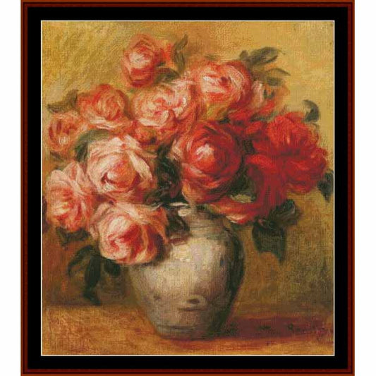 Counted Cross Stitch Pattern: Nature Morte Aux Roses by Pierre Auguste Renoir - Cross Stitch Collectibles - A framed still life painting of pink and red roses in a white vase, with a warm yellow background