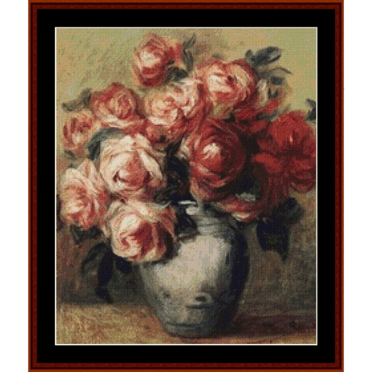 Counted Cross Stitch Pattern: Nature Morte aux Roses (Small) by Pierre Auguste Renoir - Cross Stitch Collectibles - A framed still life artwork showing a bouquet of pink and red roses in a gray vase