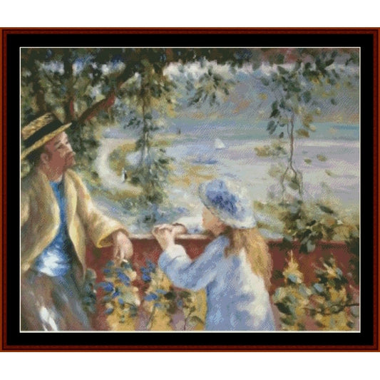 Counted Cross Stitch Pattern: Near the Lake by Pierre Auguste Renoir - Cross Stitch Collectibles - A framed art print depicting an impressionist scene of a man in a straw hat and a woman in a blue hat by a lake, surrounded by green foliage and flowers