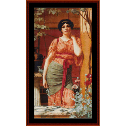 Counted Cross Stitch Pattern: Nerissa, 1906 by J.W. Godward - Cross Stitch Collectibles - A framed art print featuring a classical painting of a woman in a rust-colored dress and green skirt, standing in an outdoor garden setting.